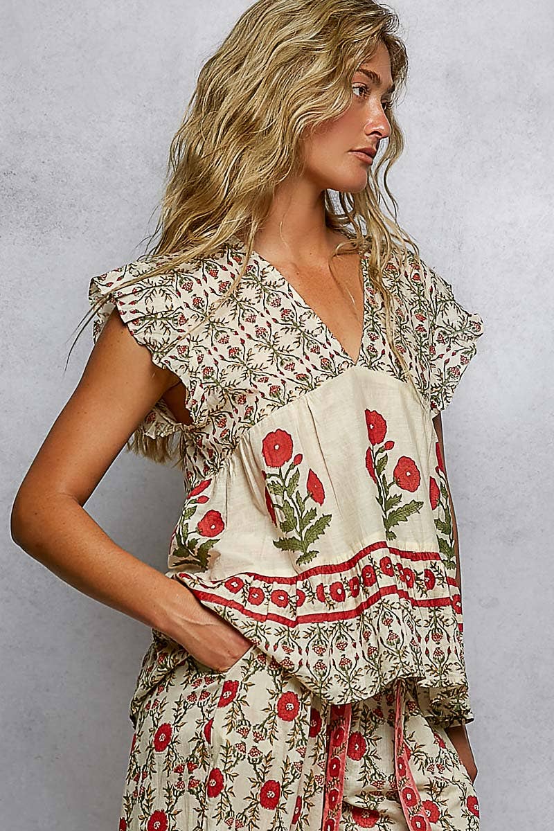 V-Neck Floral Pattern Ruffle Sleeve Top