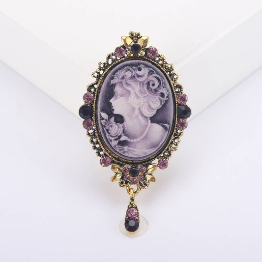 Vintage Cameo Brooch, Rhinestone Accent Drop Pendant Pin