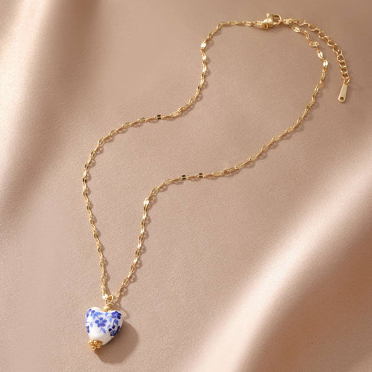 Artistic Blue Floral Pattern Ceramic Pendant Necklaces