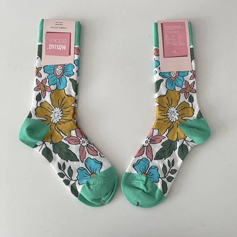 Vintage Style Rose Floral Colored Crew Socks