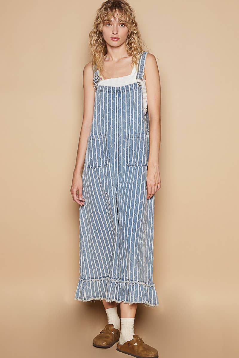 Back Pockets Embroidered Ruffle Detail Overalls Blue Stripe