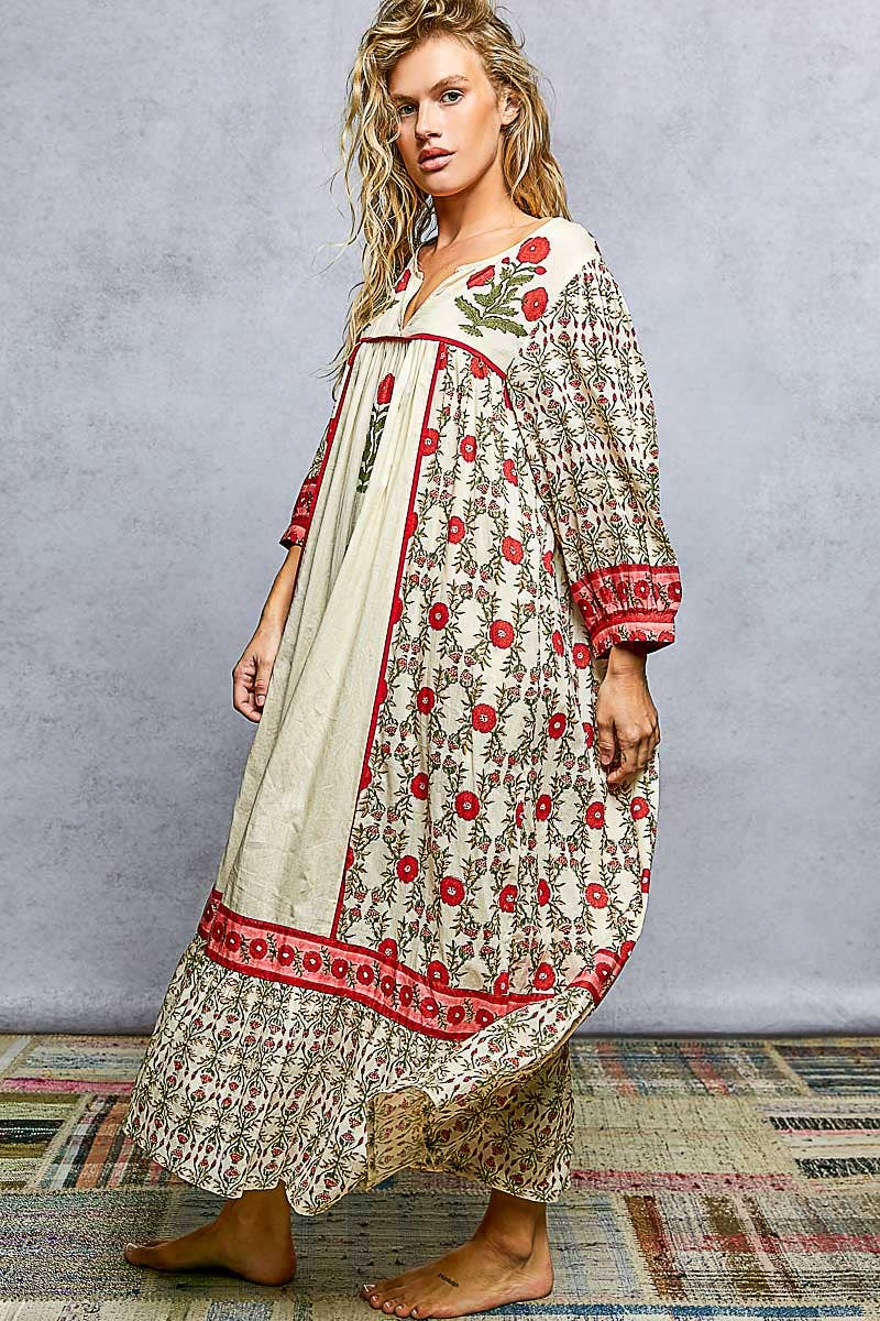 Block Print Floral Shirring Flowy Maxi Dress