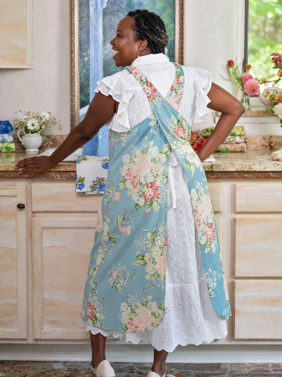 April Cornell Blanche Farmhouse Apron - Mist plus size cross back