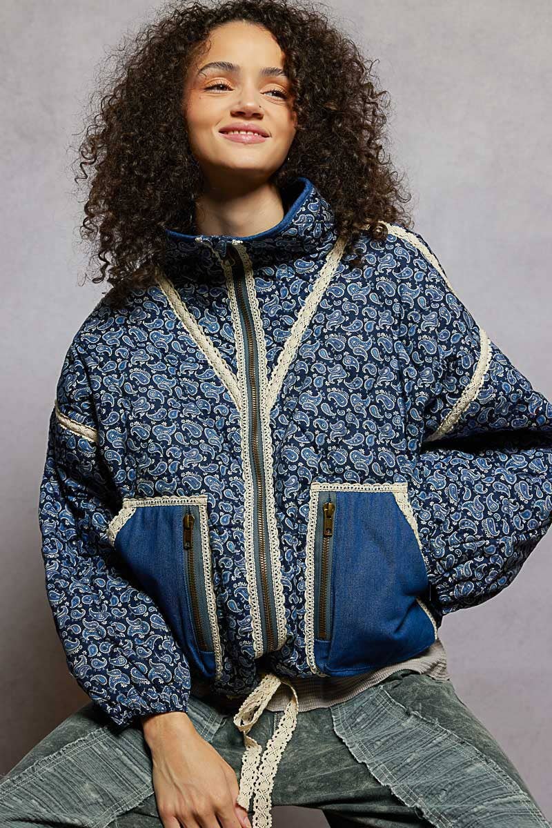 Paisley Pattern Lace Trim Reversible Padded Jacket