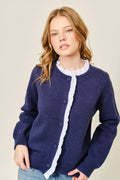 CONTRAST RUFFLE TRIM KNIT CARDIGAN