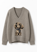 SUÉTER DE CUELLO EN V CON ESTAMPADO DE PERRO ACOGEDOR
