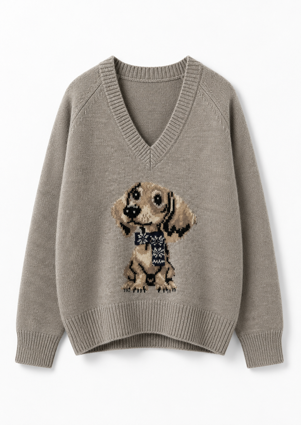 SUÉTER DE CUELLO EN V CON ESTAMPADO DE PERRO ACOGEDOR