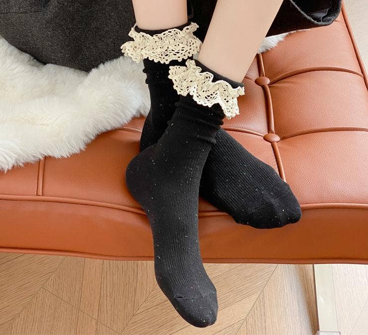 Lace ruffle girl style solid socks