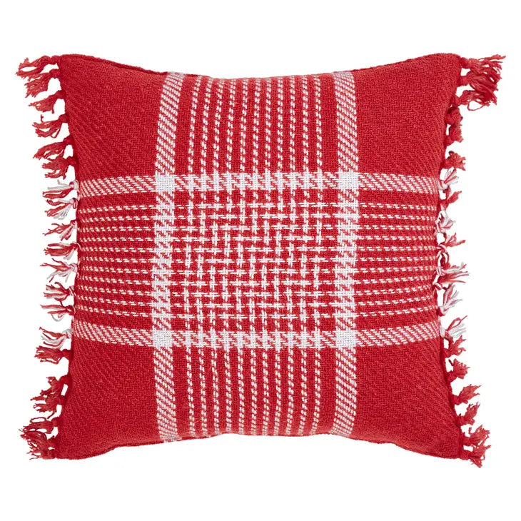 Eston Red White Plaid Pillow Fringed 12x12