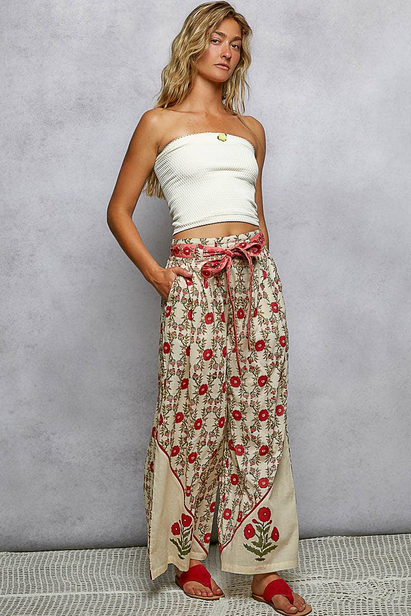 Waist Belt Floral Pattern Straight Fit Pants
