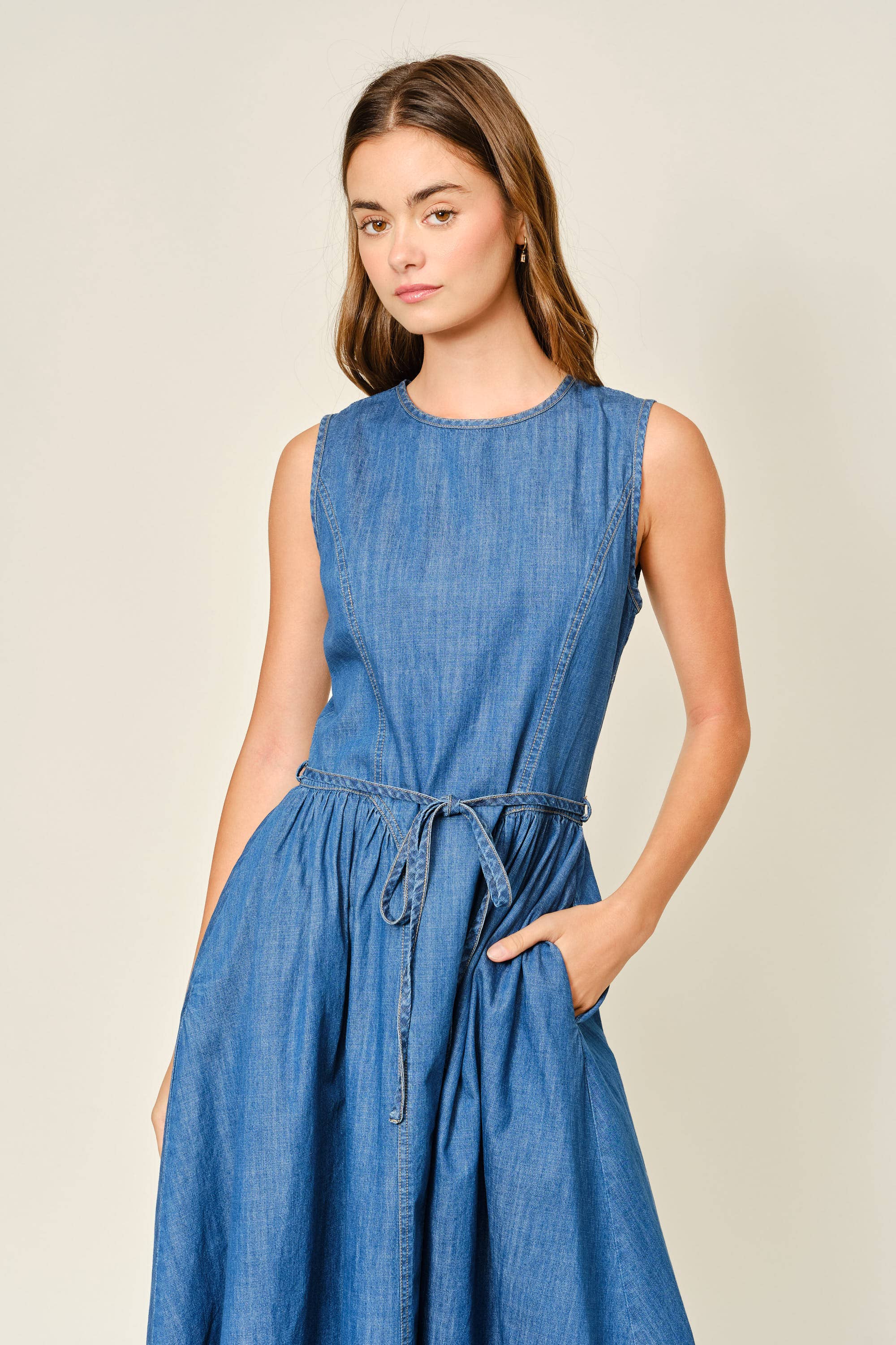 BELTED PANELED DENIM MIDI DRESS
