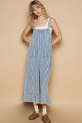 Back Pockets Embroidered Ruffle Detail Overalls Blue Stripe