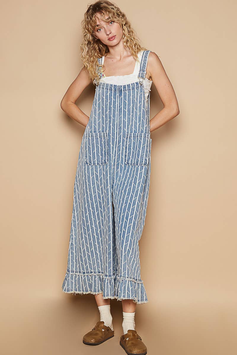 Back Pockets Embroidered Ruffle Detail Overalls Blue Stripe