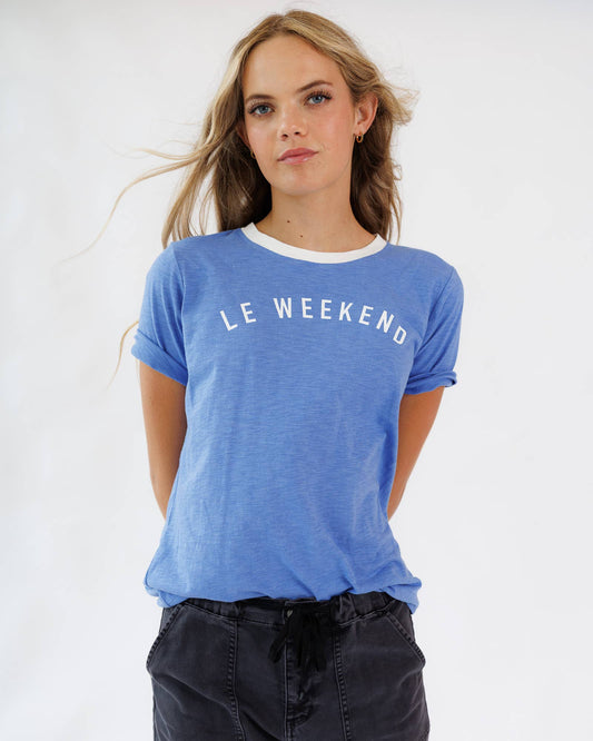 Le Weekend Blue Short Sleeve Graphic Statement Tee
