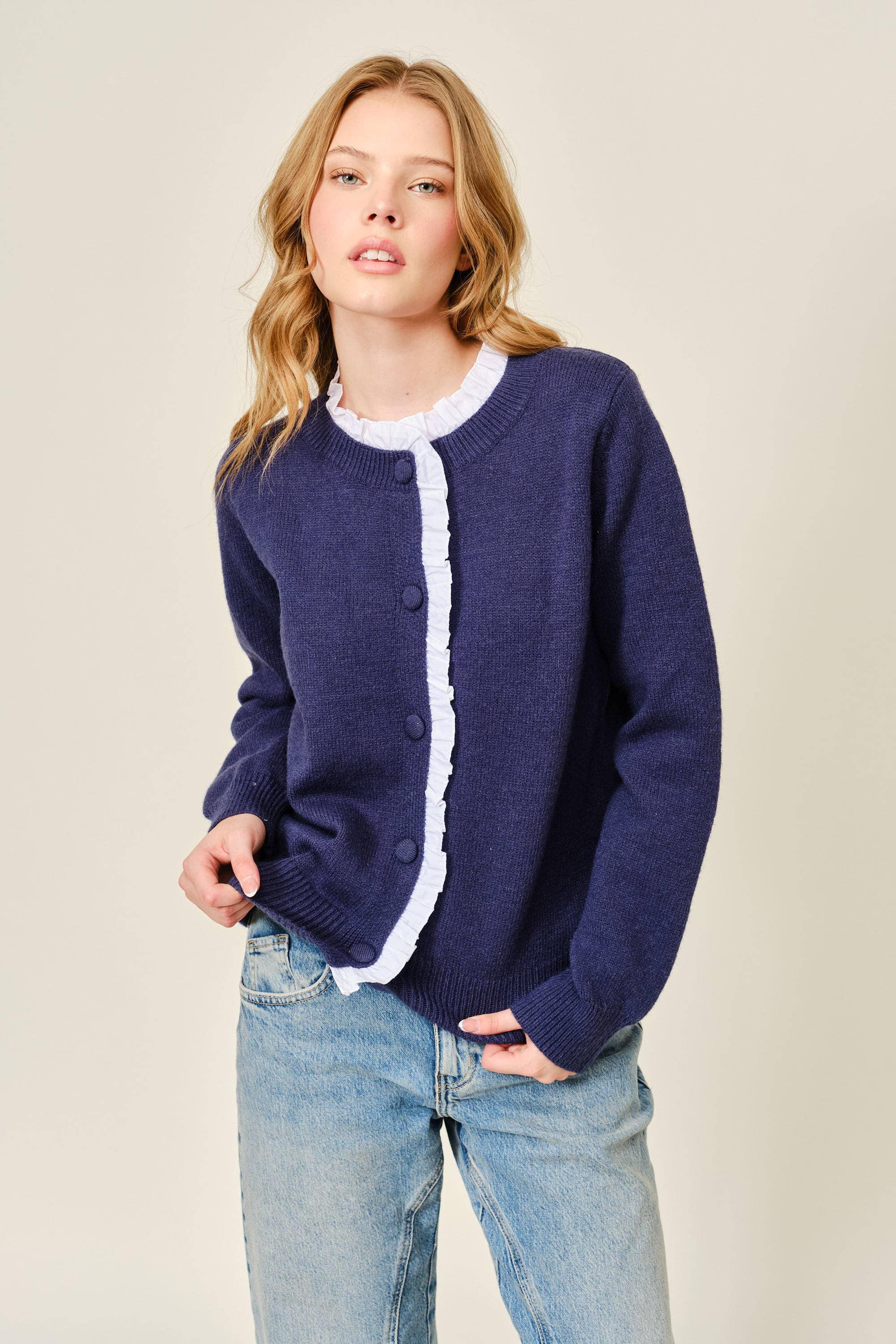 CONTRAST RUFFLE TRIM KNIT CARDIGAN