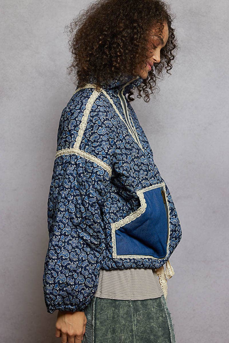 Paisley Pattern Lace Trim Reversible Padded Jacket