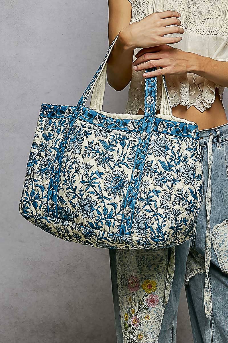Bohemian Block Print Floral Print Woven Tote Bag