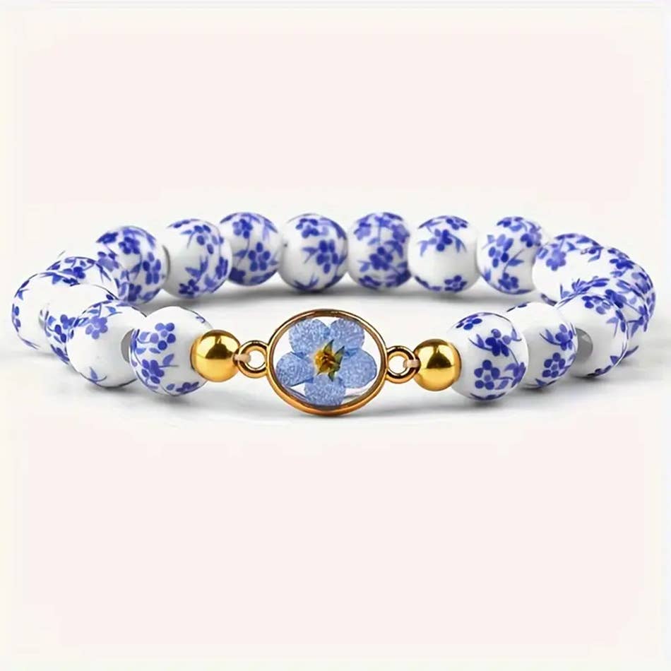 Boho Blue White Floral Pressed Flower Beaded Bracelet