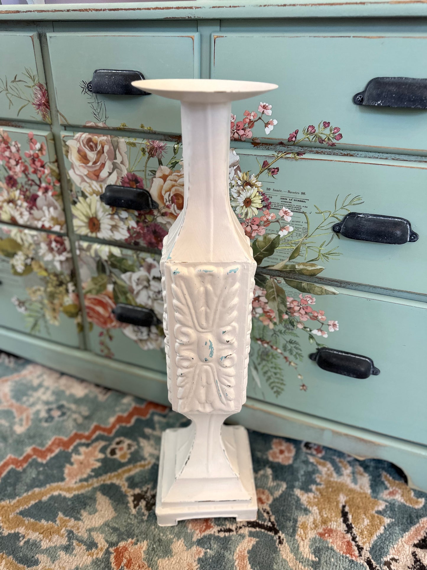 Oversized Pressed Tin Candlestick hand painted