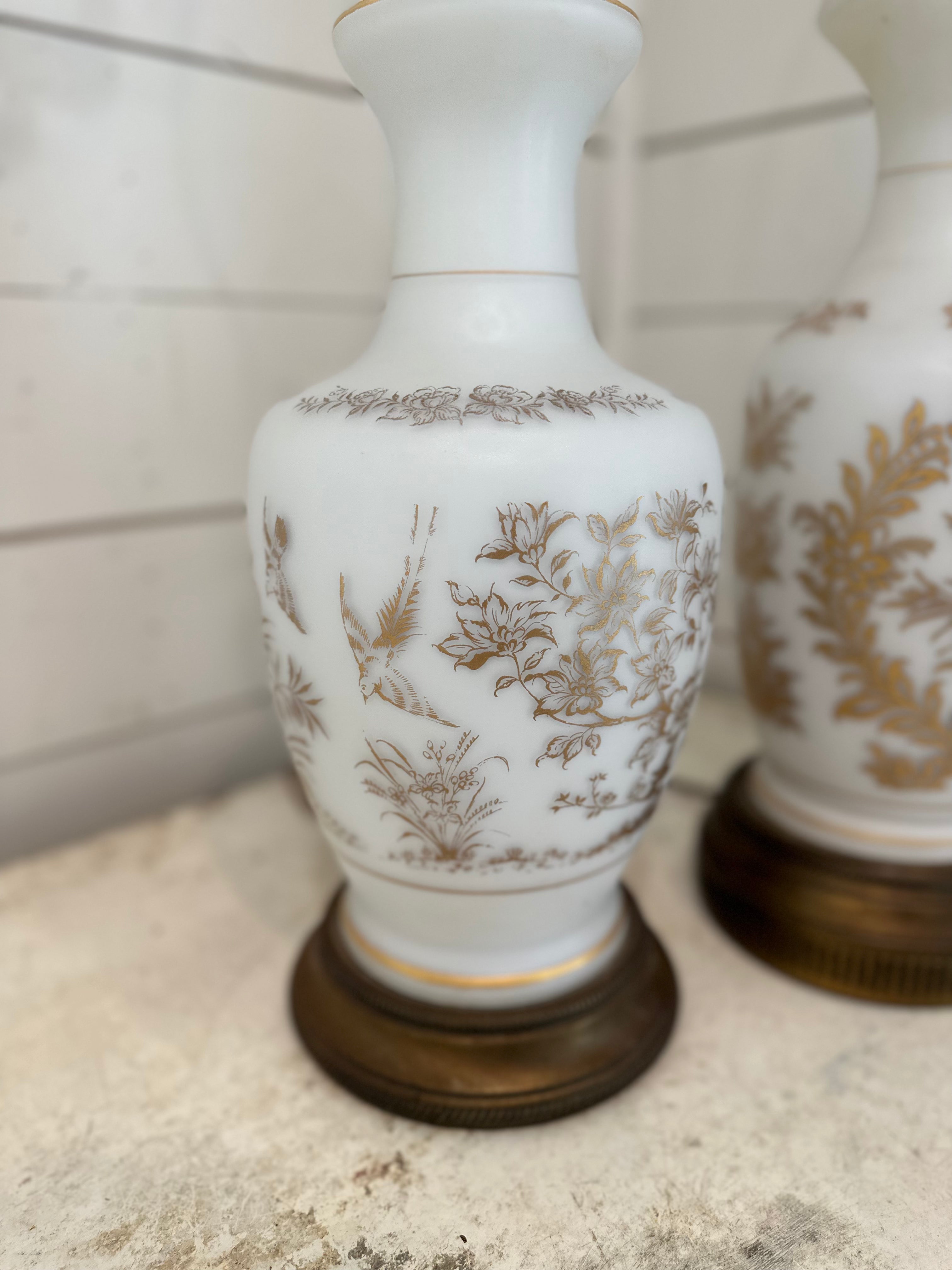 Vintage French Bristol Glass White/Gold Decorated Table Lamps brass base - a Pair