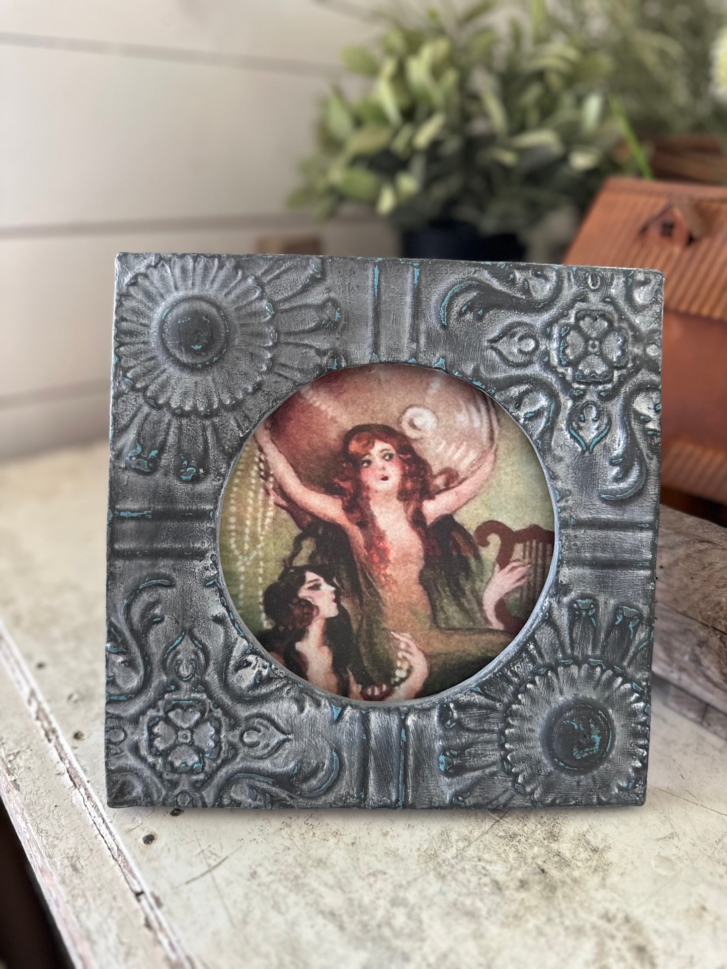 Hand painted frame with mermaid art