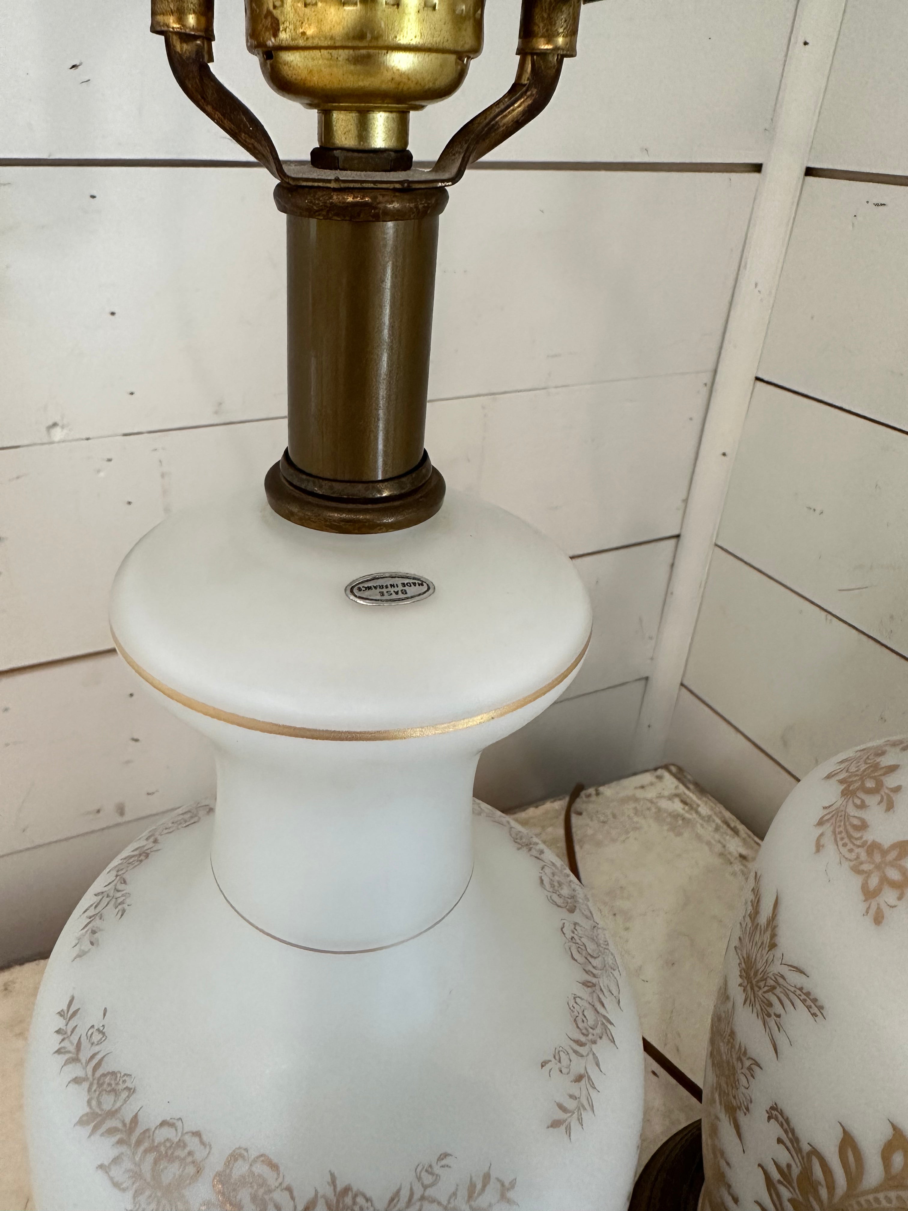 Vintage French Bristol Glass White/Gold Decorated Table Lamps brass base - a Pair