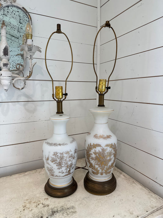 Vintage French Bristol Glass White/Gold Decorated Table Lamps brass base - a Pair