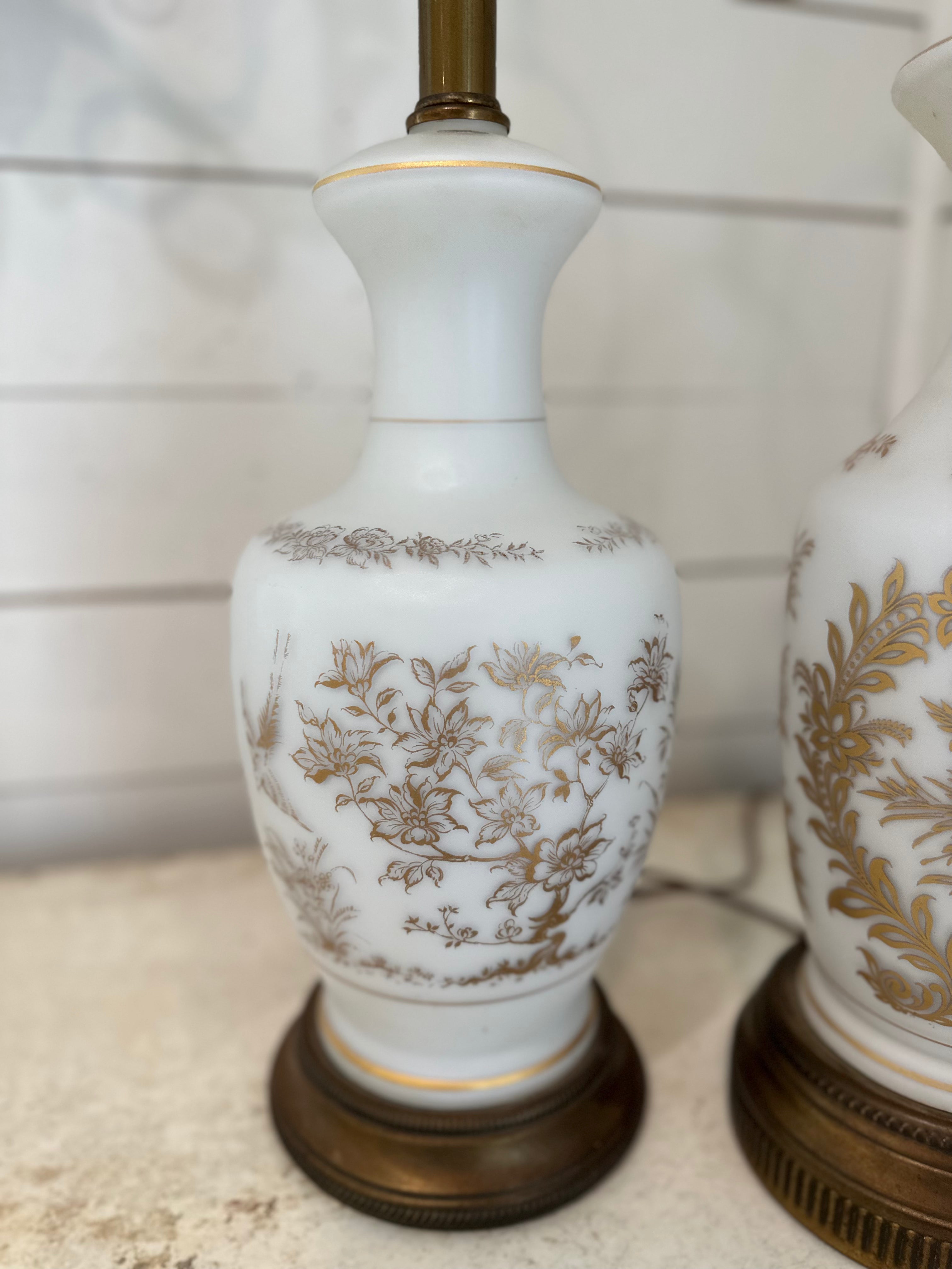 Vintage French Bristol Glass White/Gold Decorated Table Lamps brass base - a Pair