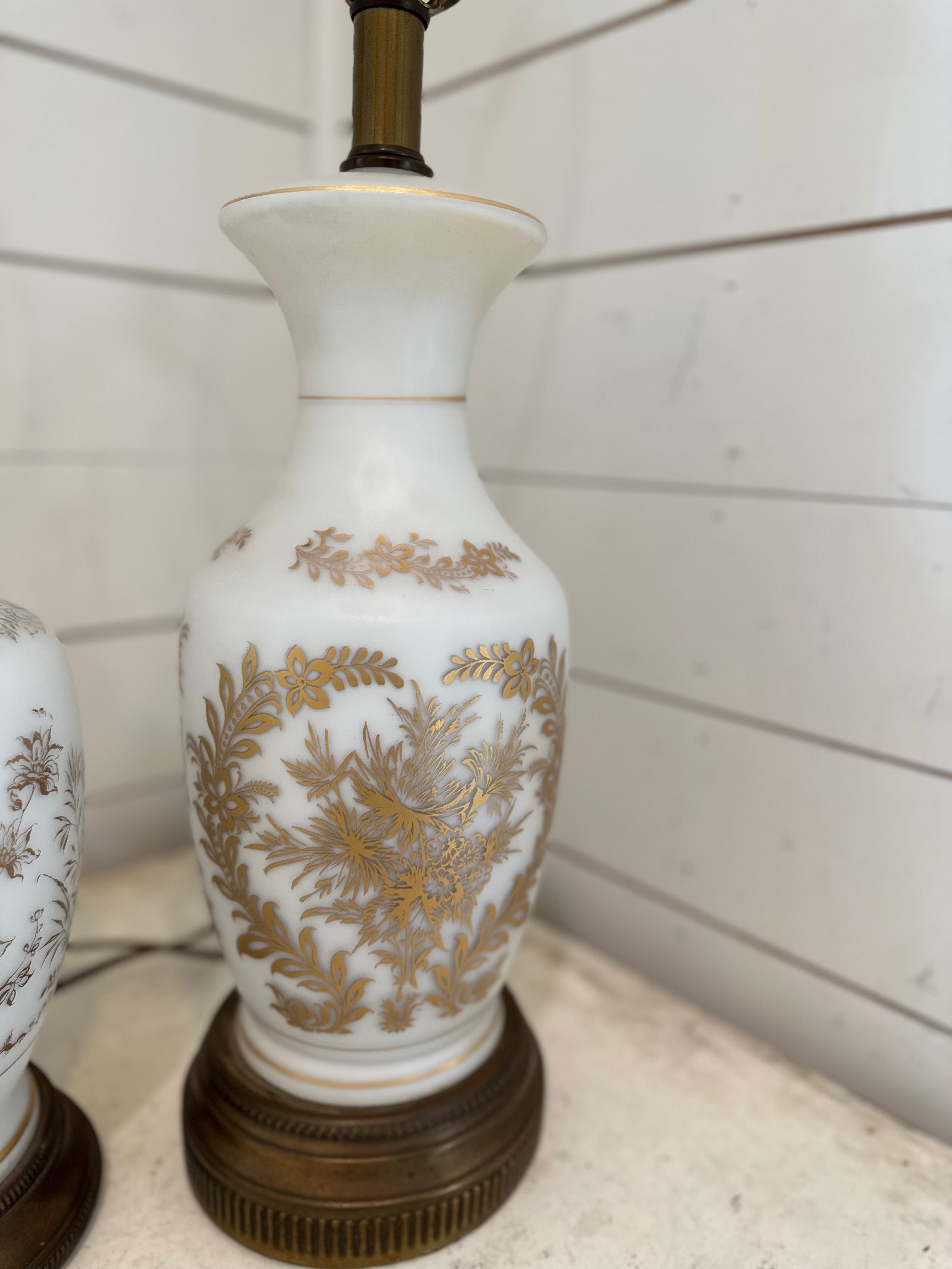Vintage French Bristol Glass White/Gold Decorated Table Lamps brass base - a Pair