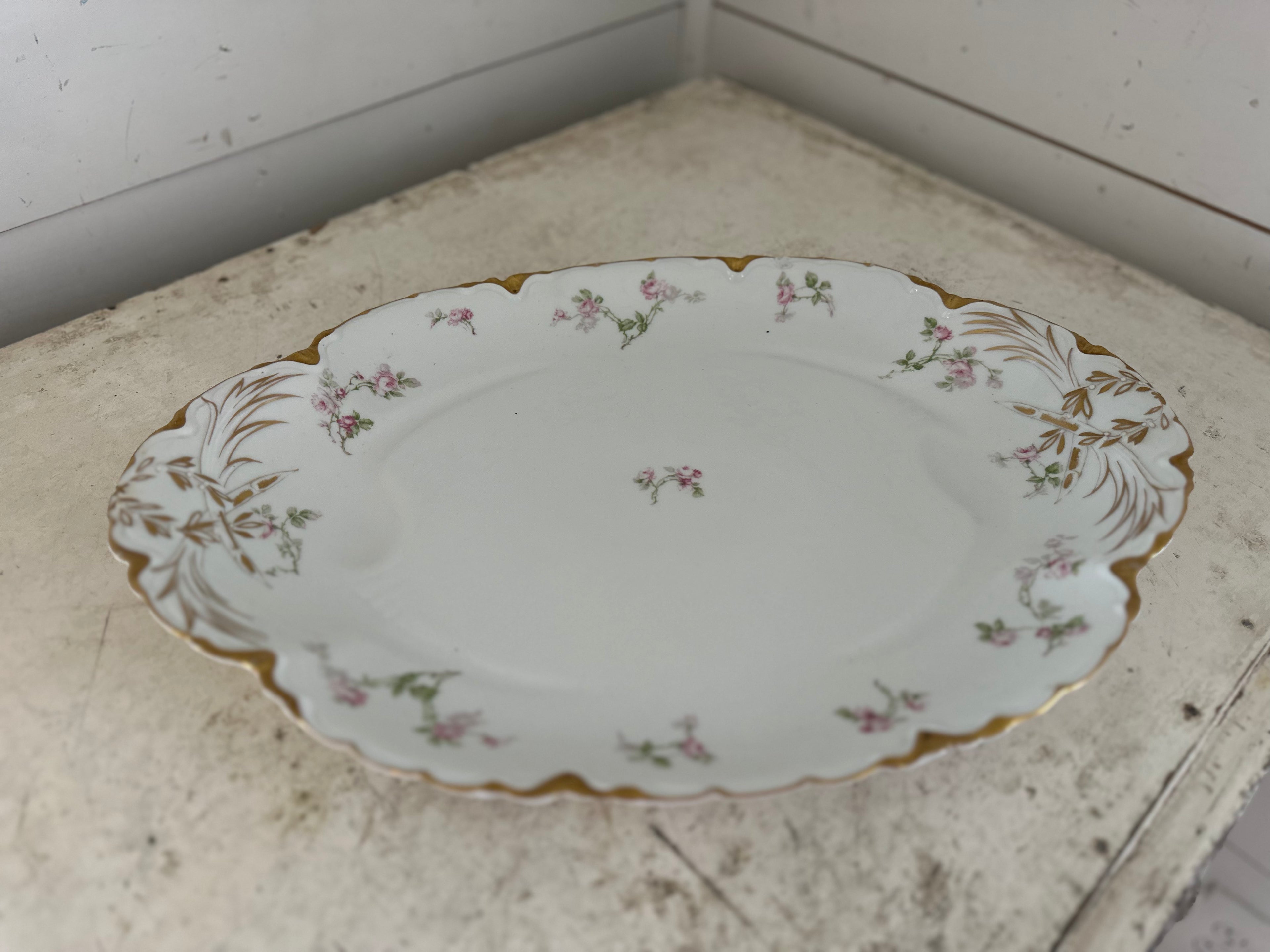 Antique Haviland Limoges Serving Bowl Gold Gild Pink Roses Wheat Sheaf c. 1884-1931 - Has chip as shown
