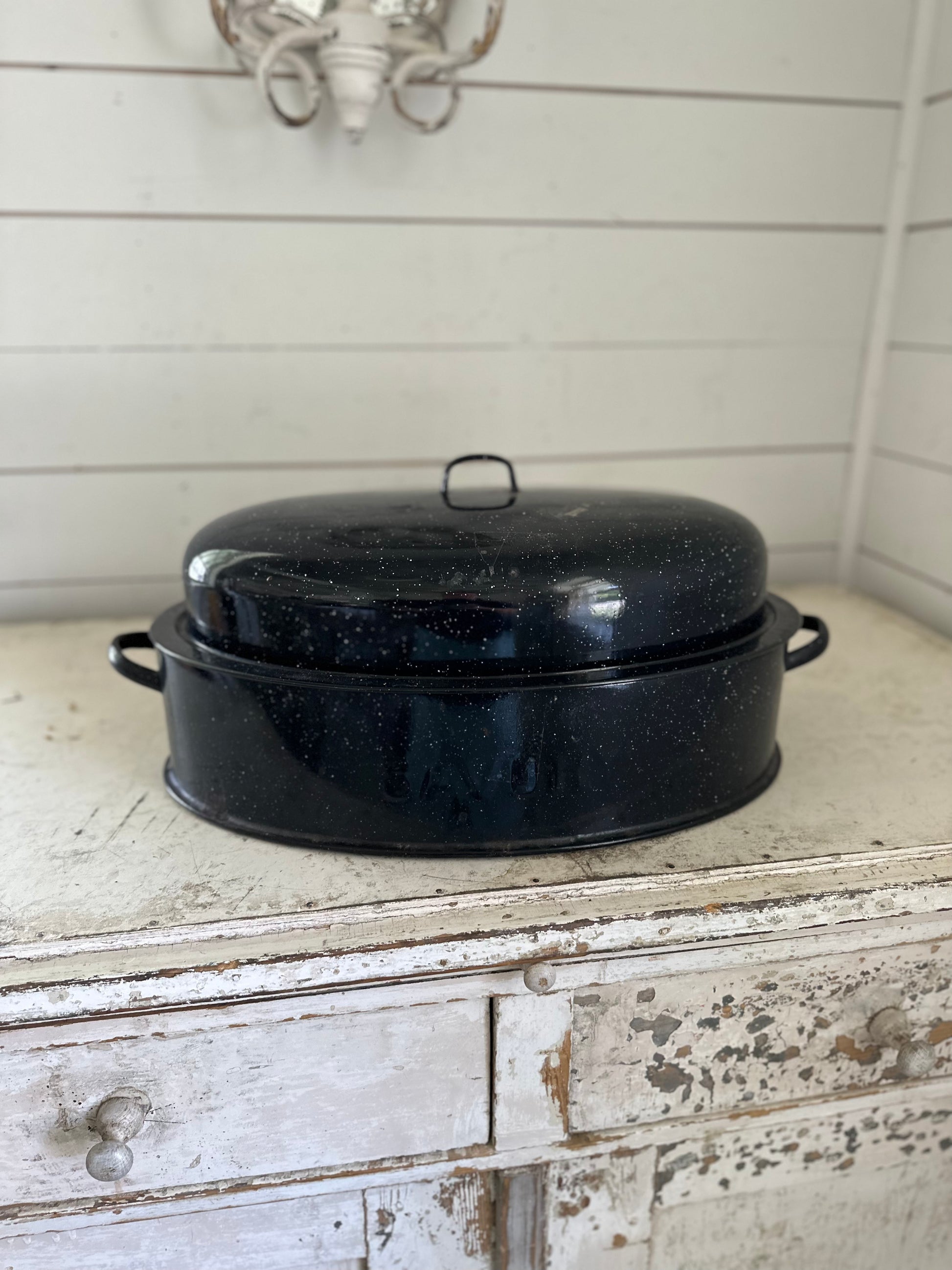 Enamel Roasting Pan With Lid, Vintage Enamel Roaster, Black Enamel Turkey  Roaster 