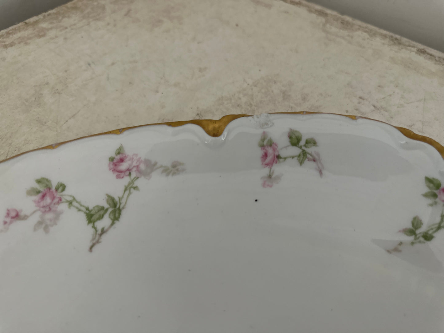 Antique Haviland Limoges Serving Bowl Gold Gild Pink Roses Wheat Sheaf c. 1884-1931 - Has chip as shown