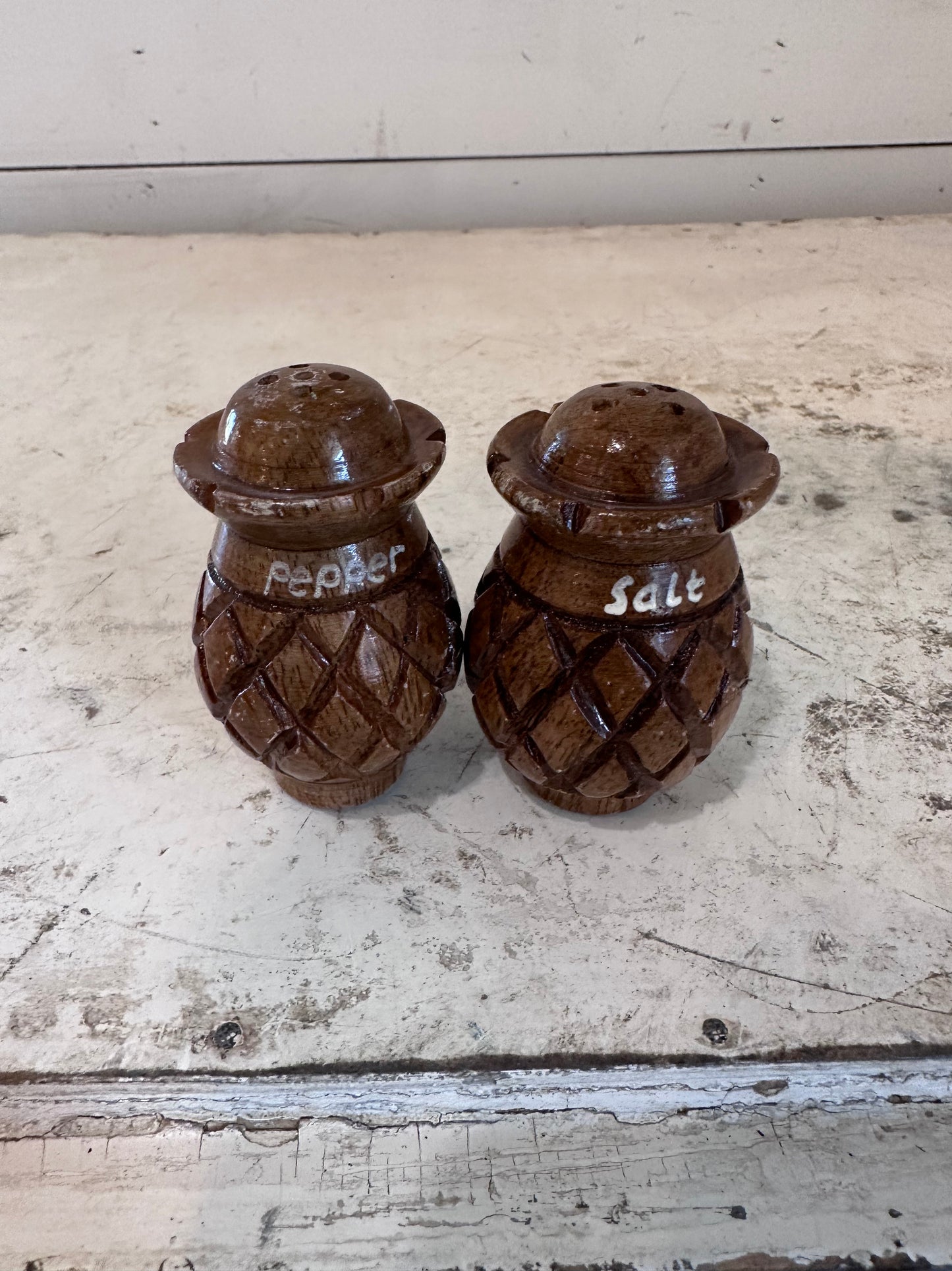 Set of hand carved pineapple salt & pepper shakers
