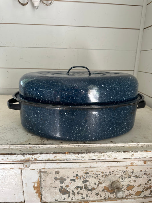 Vintage Navy Speckled Enamel Roaster