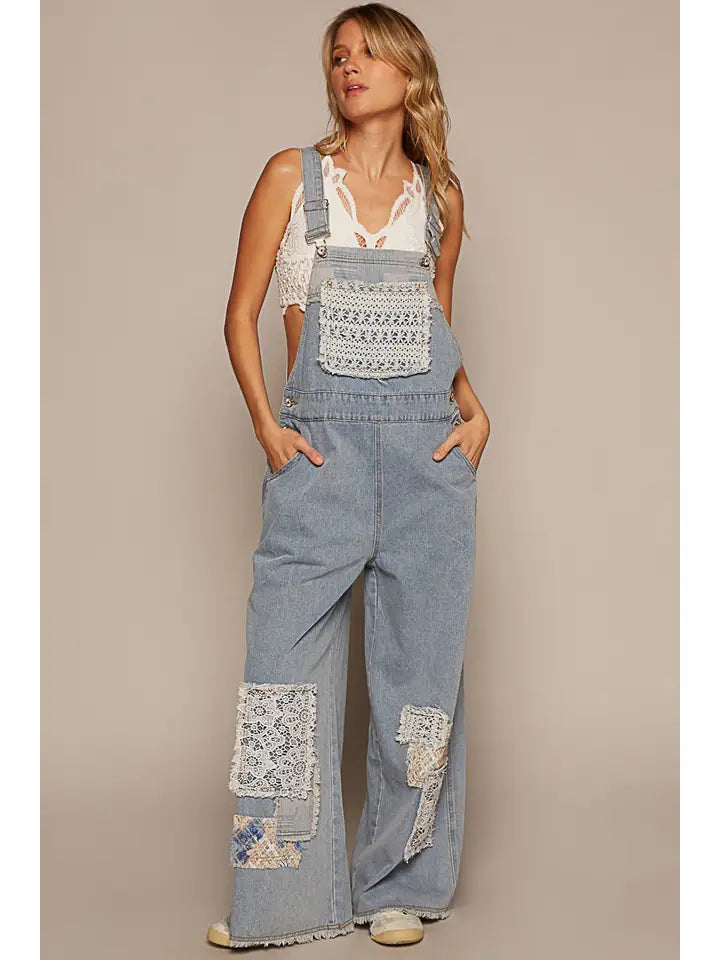 Crochet Patchwork Detail Casual Denim Overalls