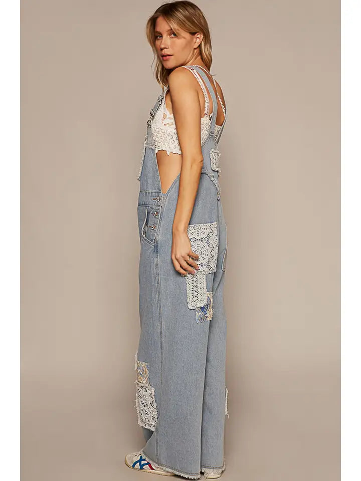 Crochet Patchwork Detail Casual Denim Overalls