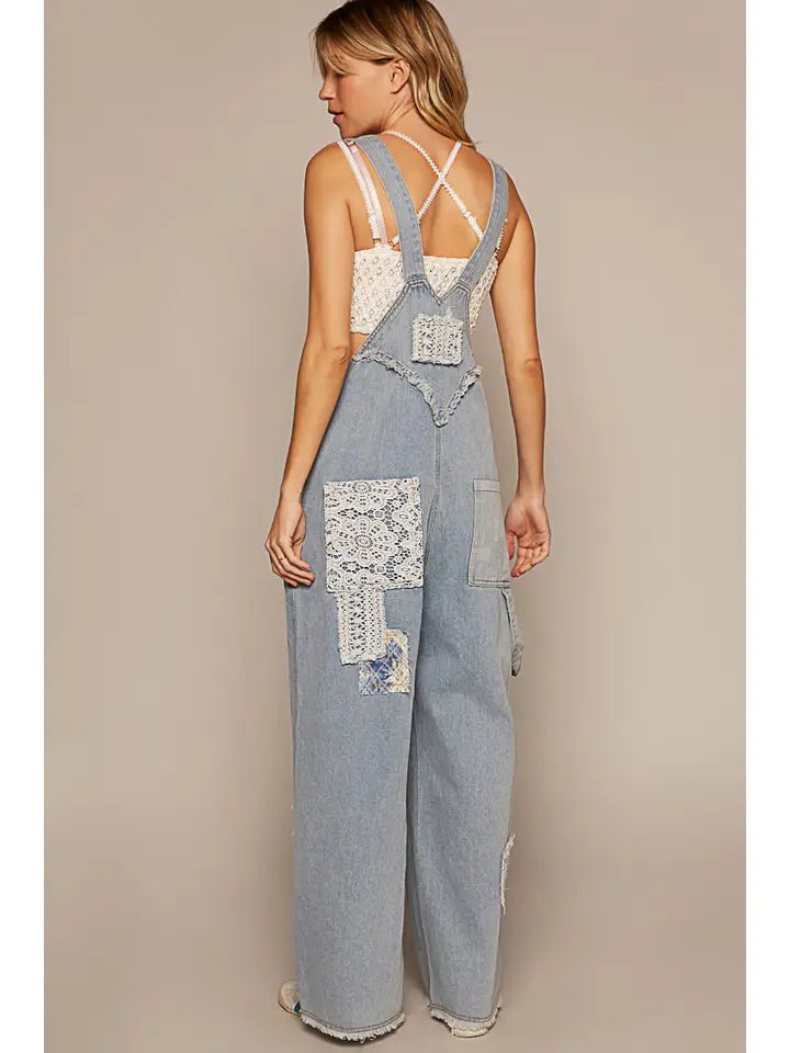 Crochet Patchwork Detail Casual Denim Overalls