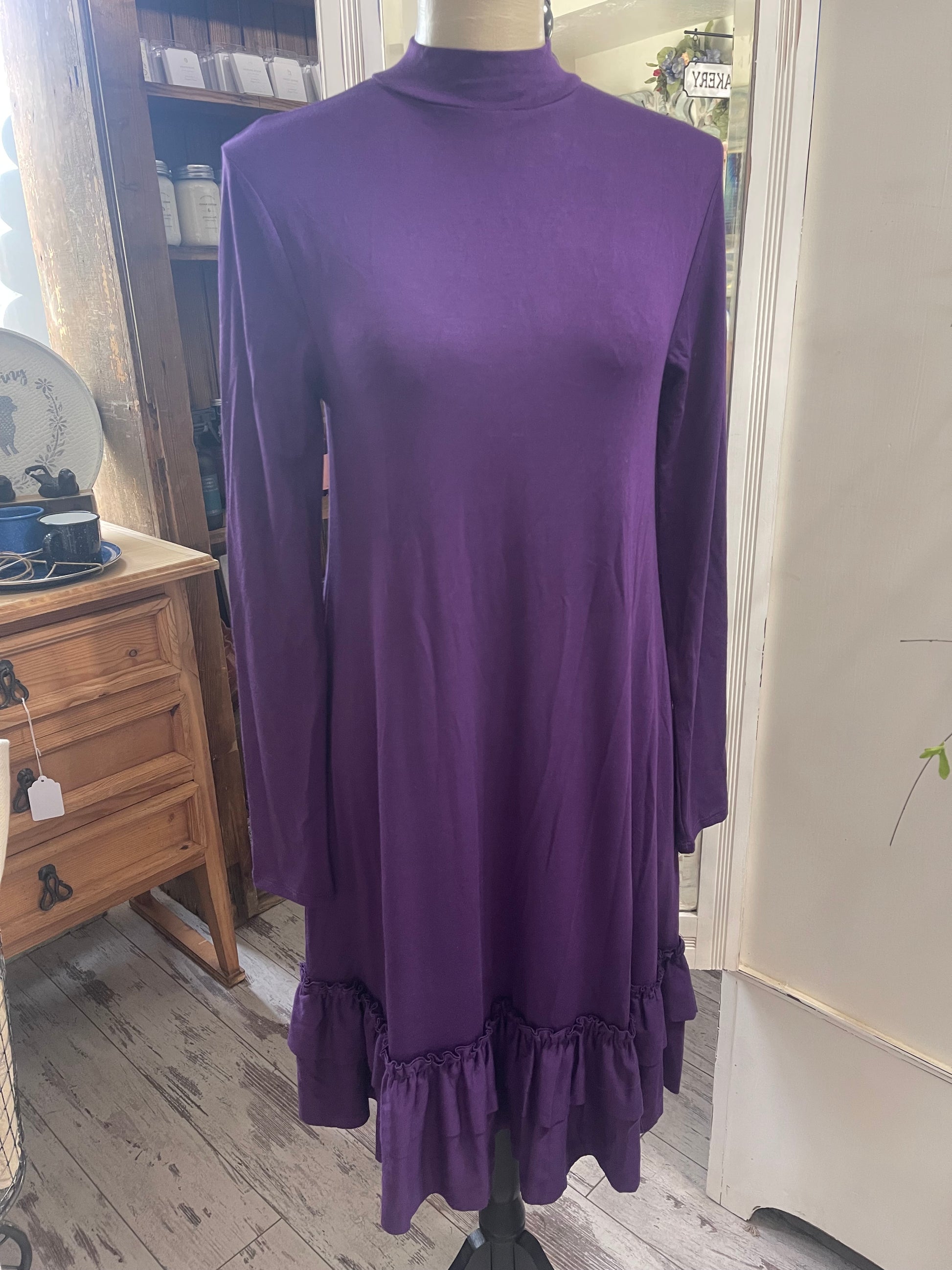 Long Sleeve Ruffle Hem Maxi Dress - Purple