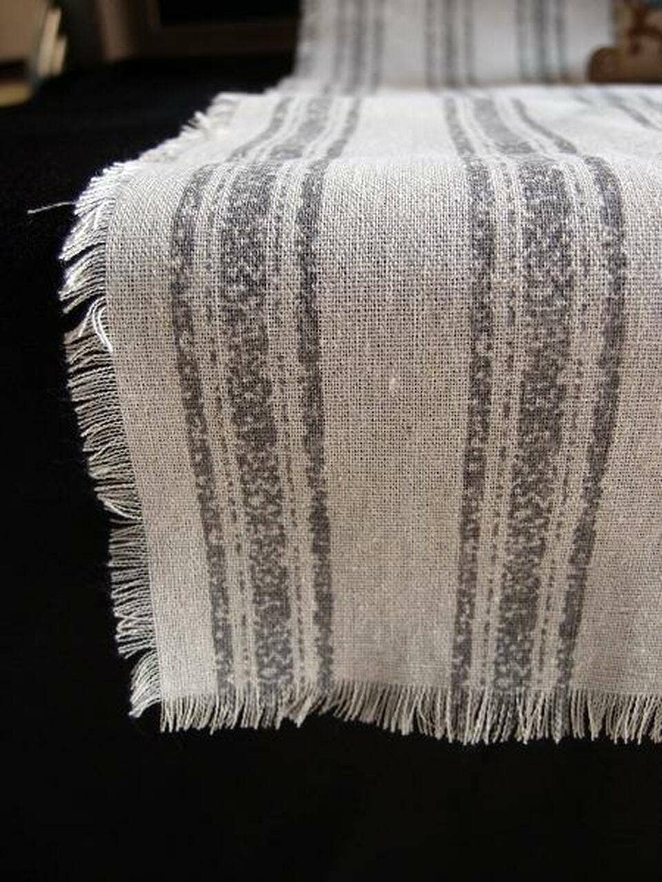 Rustic Gray Striped Fringed Table Runner
