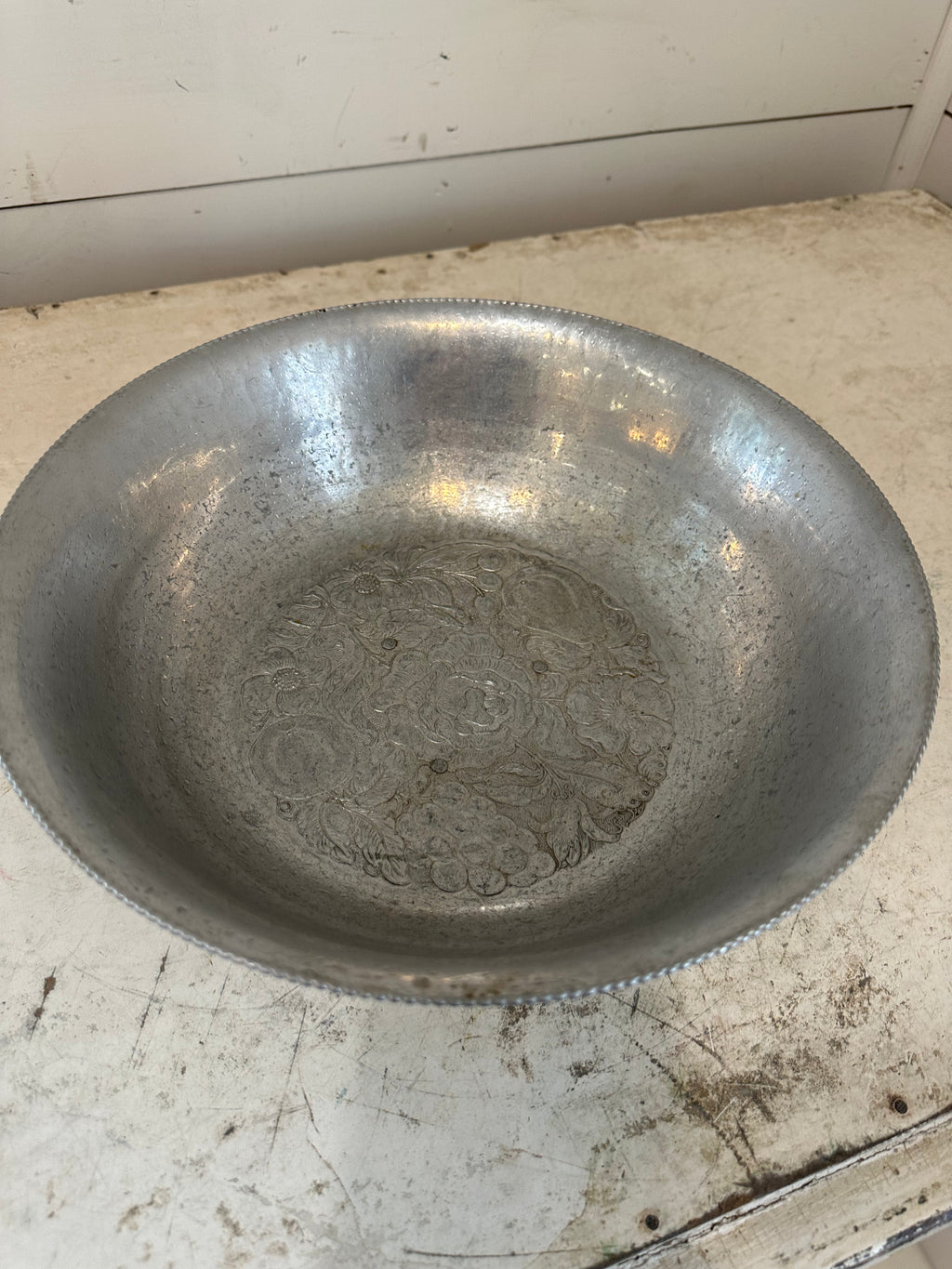 Pressed Aluminum Floral Serving Bowl