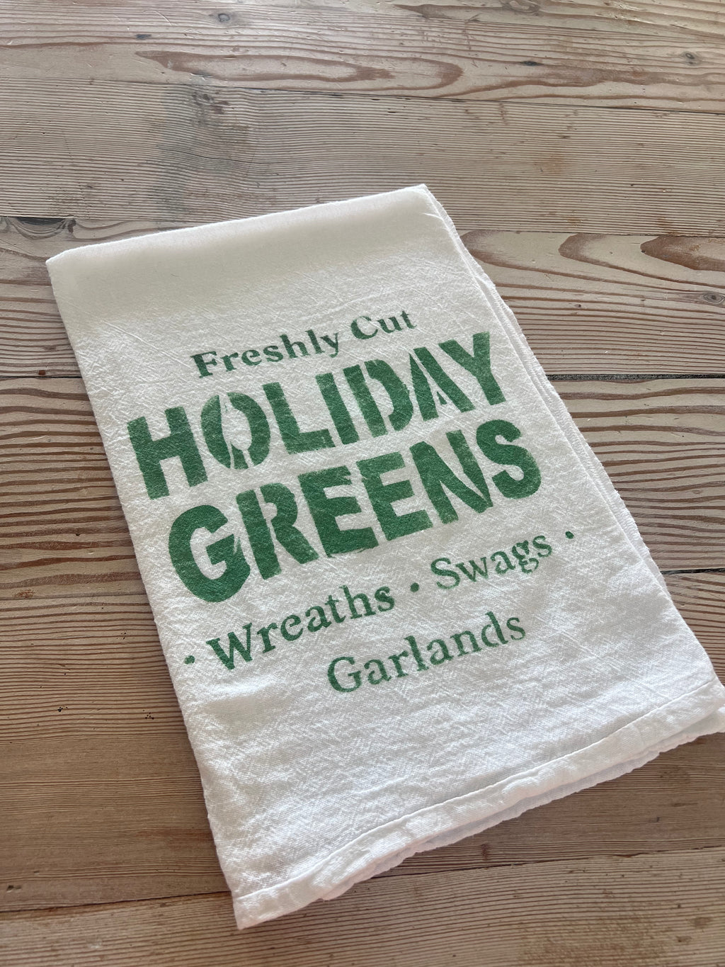 Holiday Greens Hand Stenciled Flour Sack towel