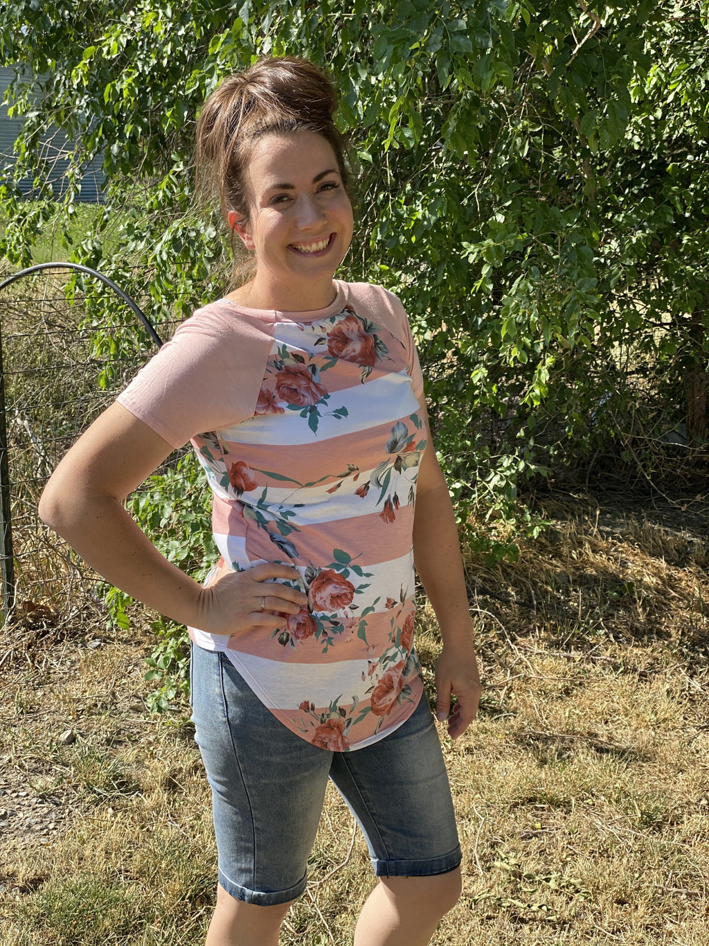 Short Sleeve Floral Striped Shirt