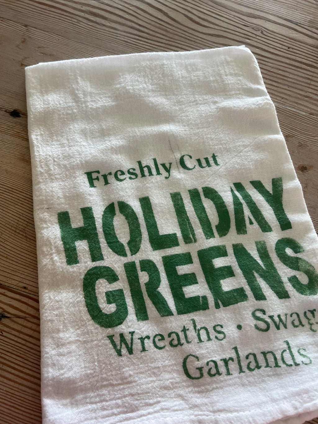Holiday Greens Hand Stenciled Flour Sack towel