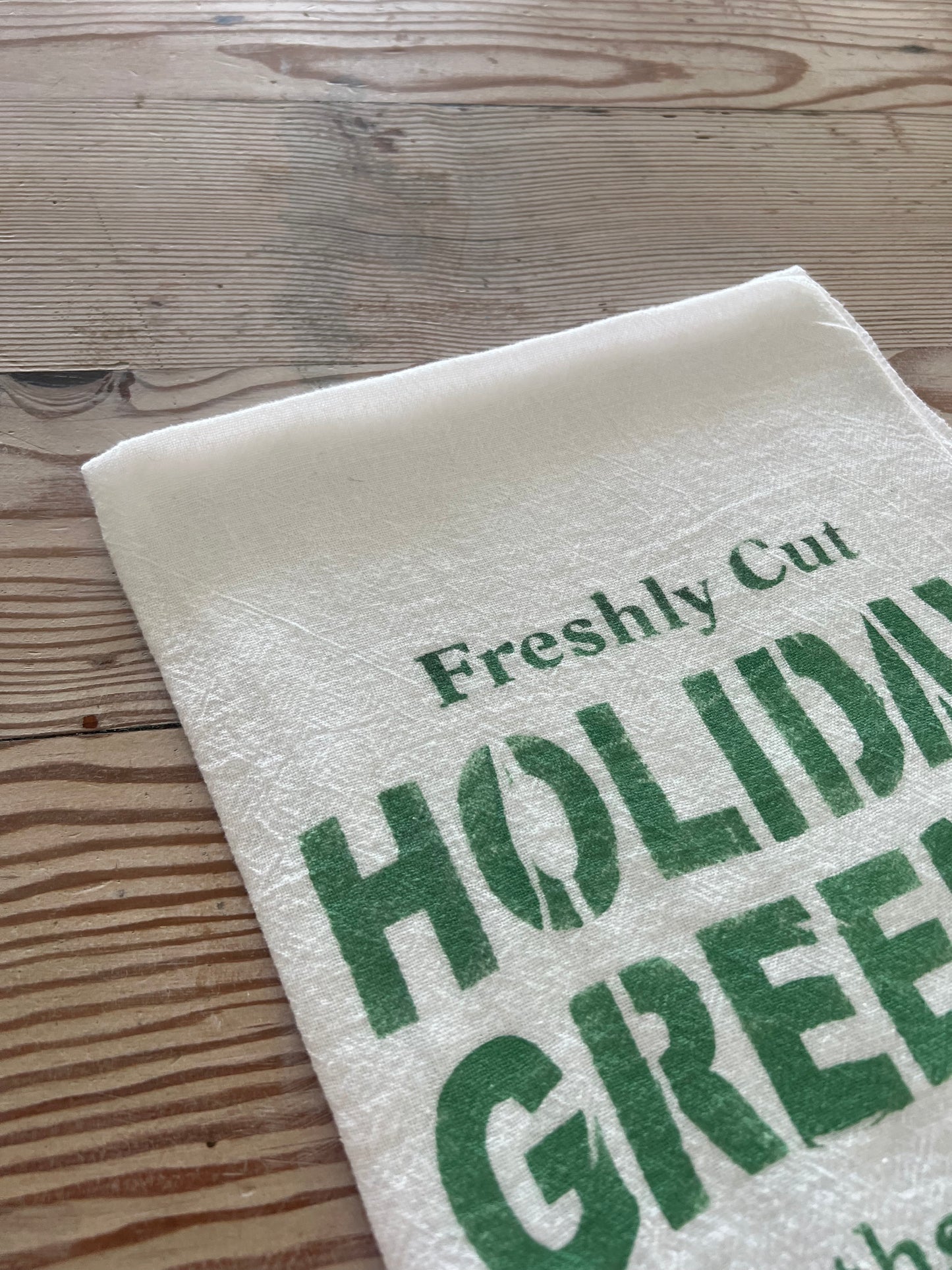 Holiday Greens Hand Stenciled Flour Sack towel