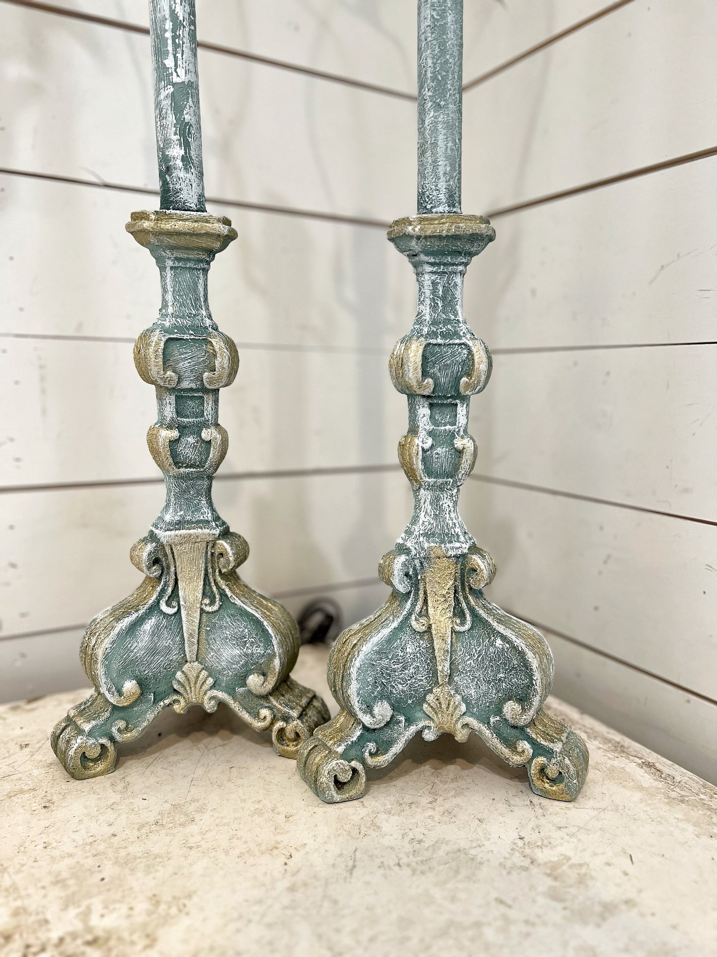 Ornate Candlestick Lamp Set - Hand Painted