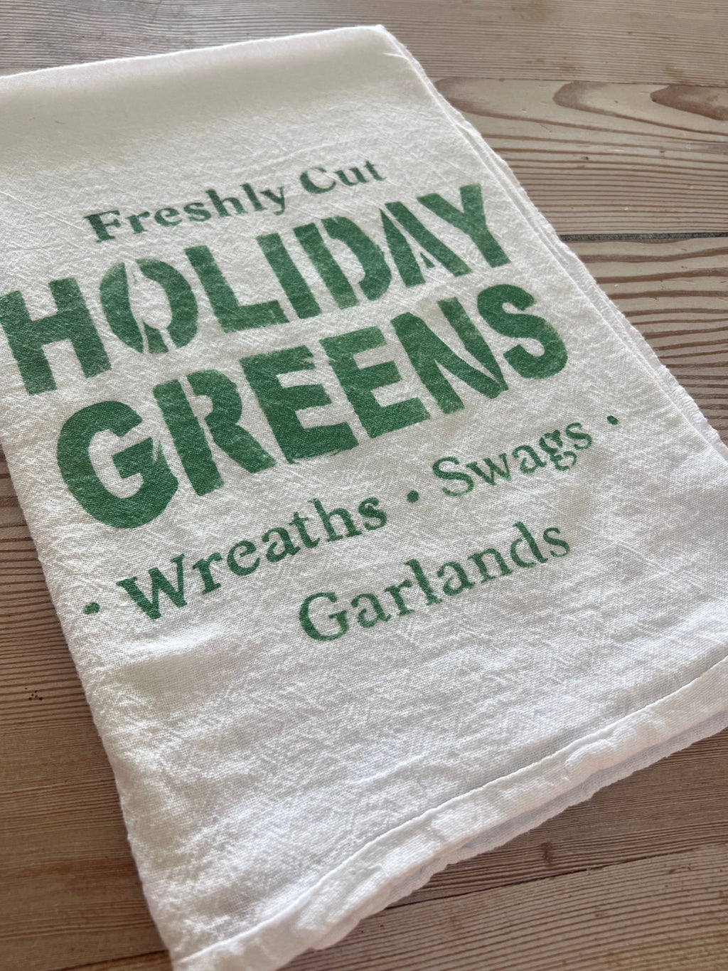 Holiday Greens Hand Stenciled Flour Sack towel