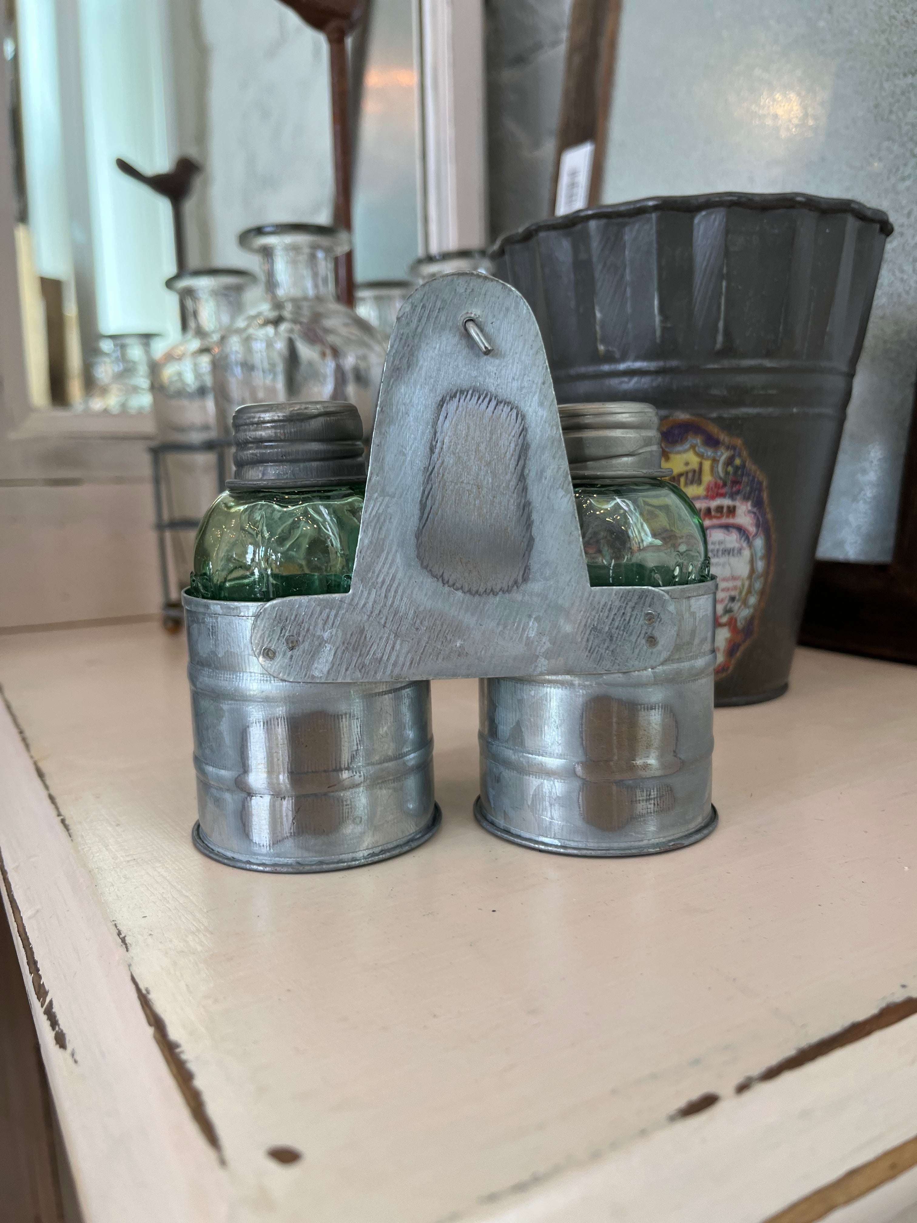 Galvanized Salt & Pepper Caddy with Shakers