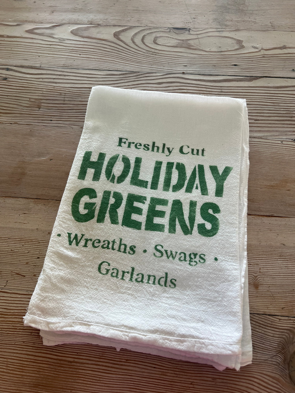 Holiday Greens Hand Stenciled Flour Sack towel
