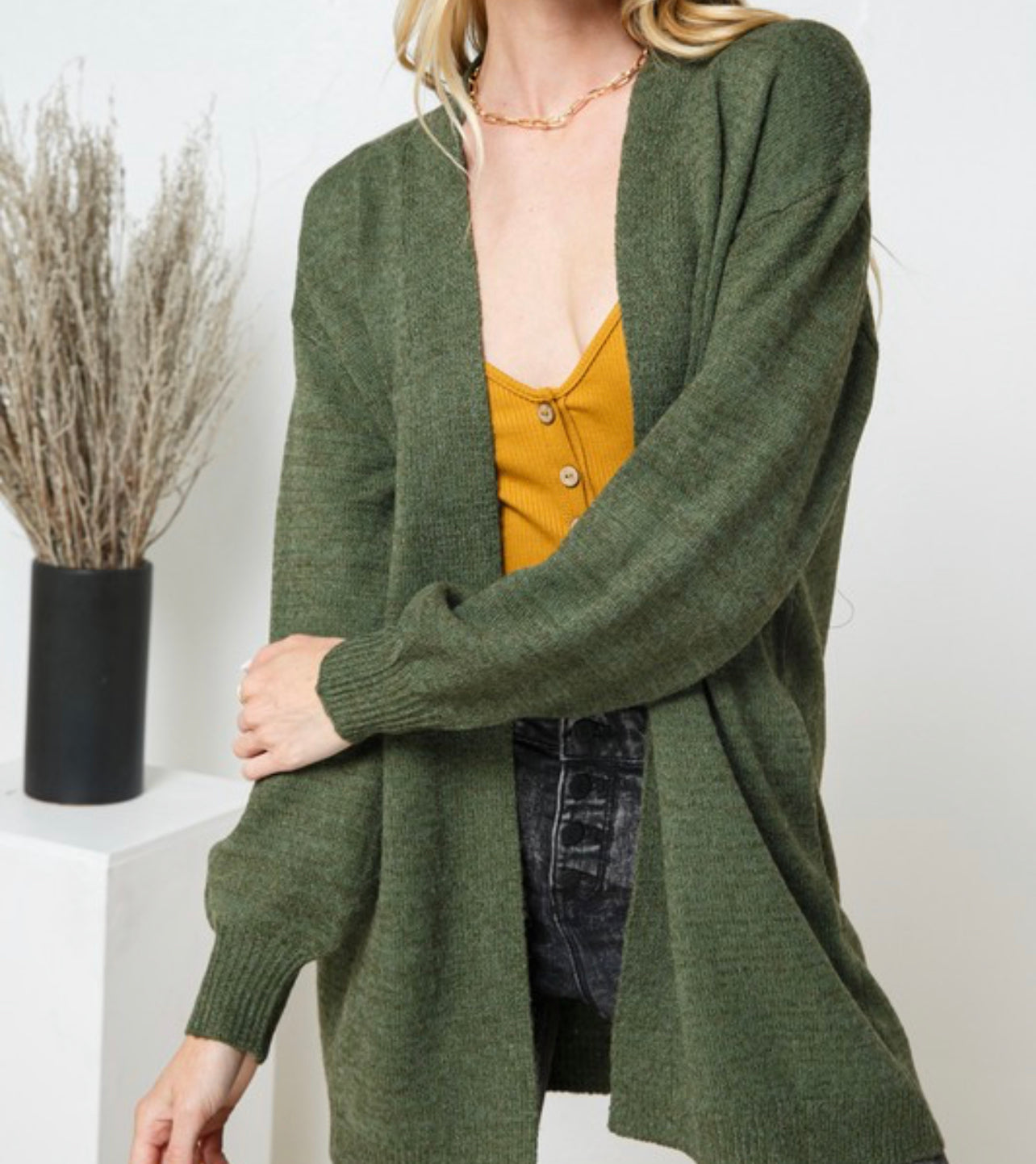 Olive Open Cardigan with Pockets