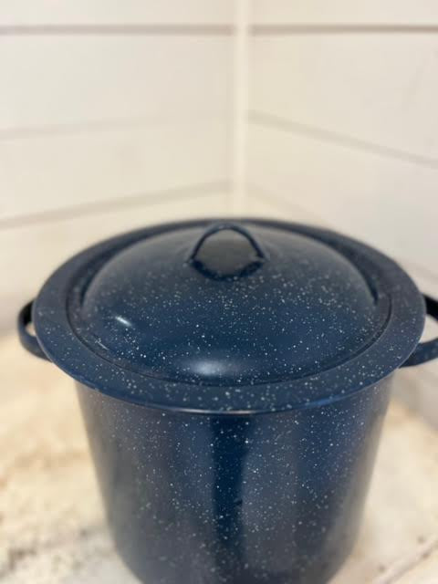 Blue speckled pot with lid